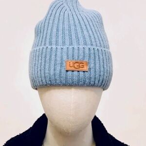 - UGG Powder Blue Chunky Rib Knit Faux-Fur-Lined Beanie